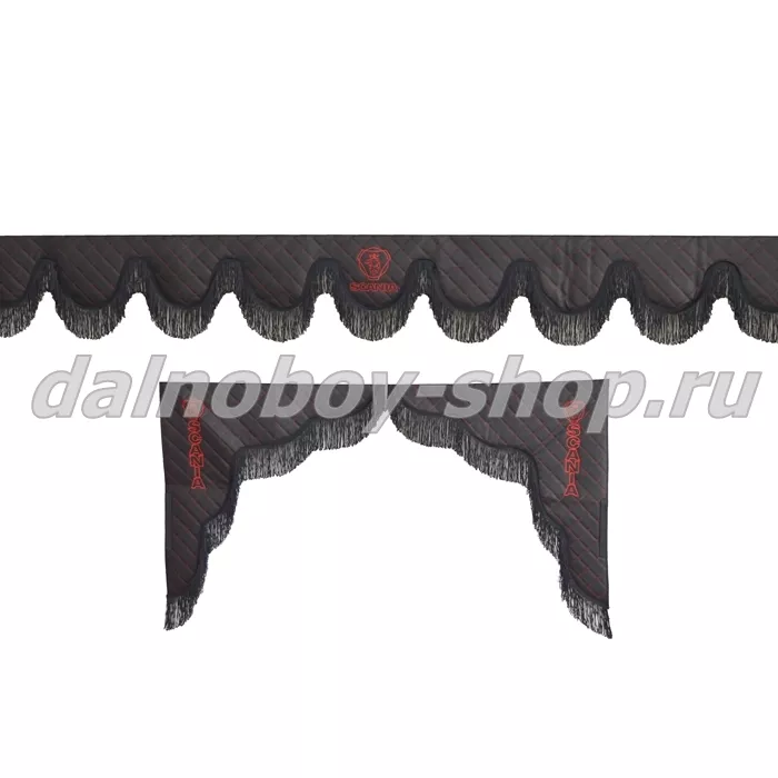 Ламбрекен лоб.+ шторка боковая ЕВРО кожзам 2.2м SCANIA черный + черная бахрома