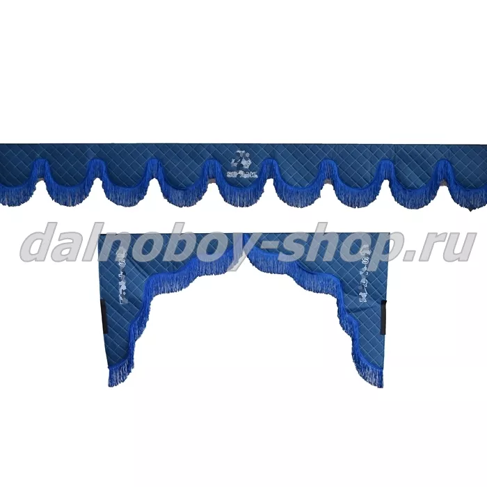 Ламбрекен лоб.+ шторка боковая ЕВРО кожзам 2.2м SHACMAN синий + синяя бахрома