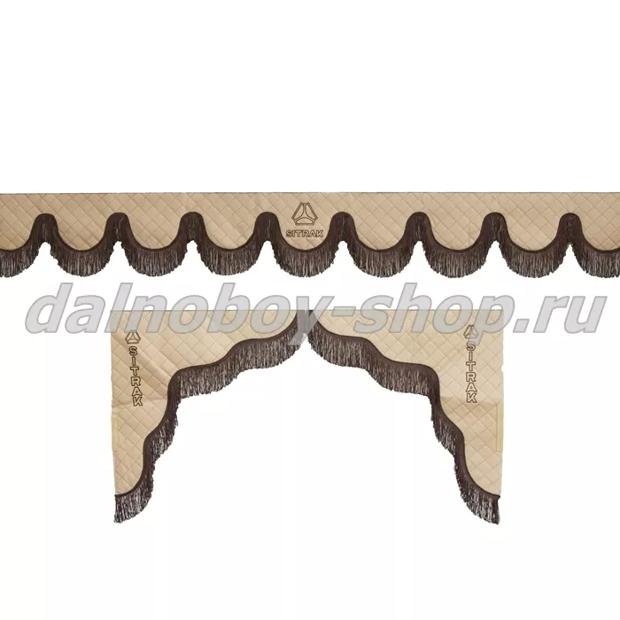 Ламбрекен лоб.+ шторка боковая ЕВРО кожзам 2.2м SITRAK бежевый + коричневая бахрома