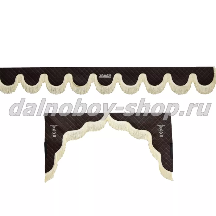 Ламбрекен лоб.+ шторка боковая ЕВРО кожзам 2.2м DAF коричневый + беж бахрома