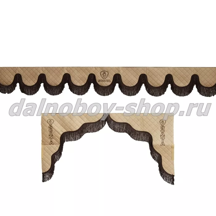 Ламбрекен лоб.+ шторка боковая ЕВРО кожзам 2.2м SCANIA бежевый + коричневая бахрома