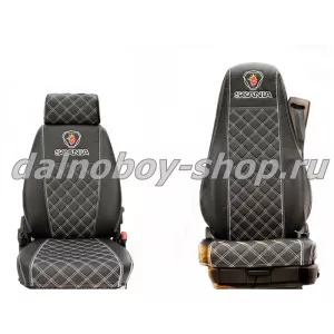 Чехол - сиденье / иск.кожа /PREMIUM / SCANIA 5серия (1 ремень)(1 выс.1 низ) 2004-2014 черн+бел нити