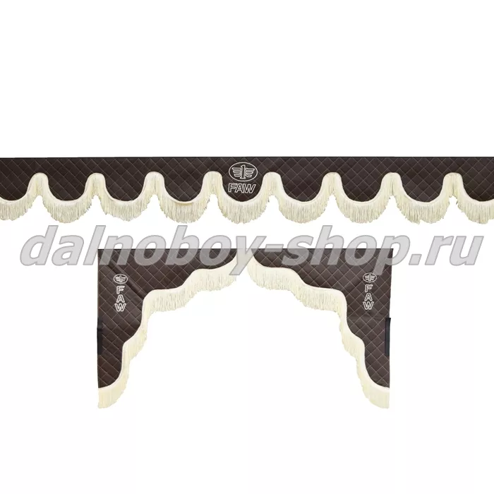 Ламбрекен лоб.+ шторка боковая ЕВРО кожзам 2.2м FAW коричневый + беж бахрома
