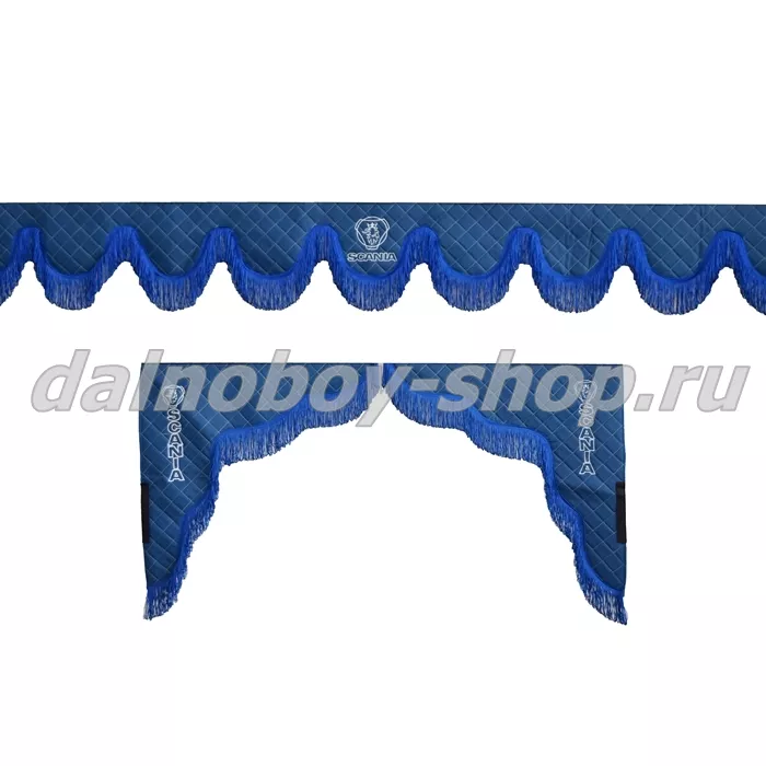 Ламбрекен лоб.+ шторка боковая ЕВРО кожзам 2.2м SCANIA синий + синяя бахрома