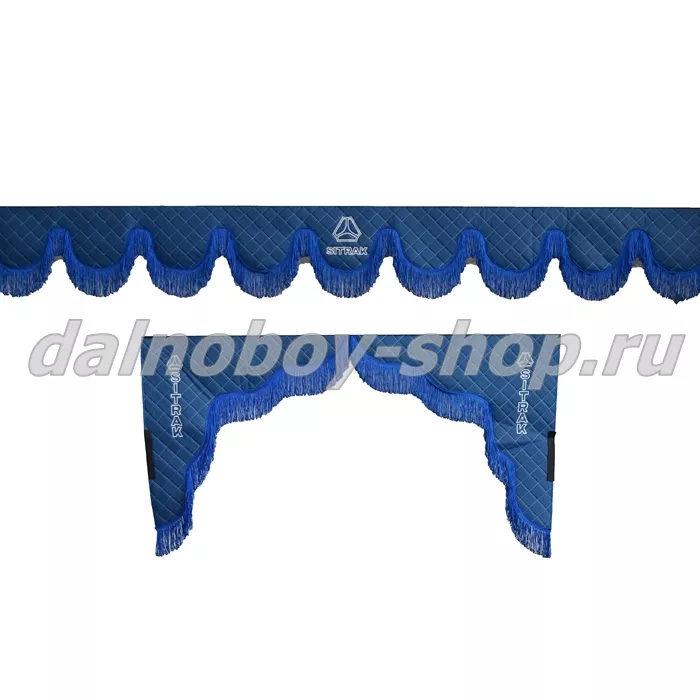 Ламбрекен лоб.+ шторка боковая ЕВРО кожзам 2.2м SITRAK синий + синяя бахрома
