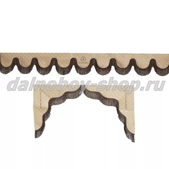 Ламбрекен лоб.+ шторка боковая ЕВРО кожзам 2.2м MERCEDES бежевый + коричневая бахрома