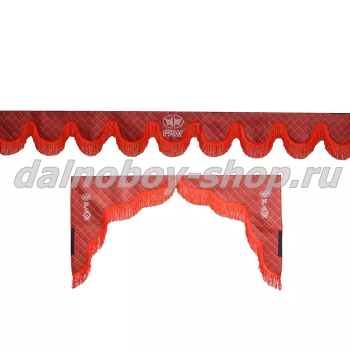 Ламбрекен лоб.+ шторка боковая ЕВРО кожзам 2.2м FAW красный + красная бахрома