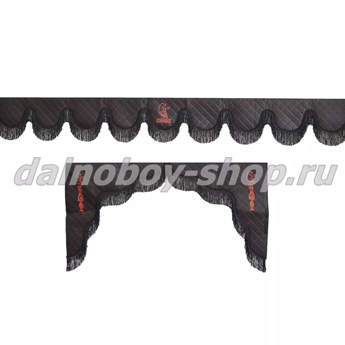 Ламбрекен лоб.+ шторка боковая ЕВРО кожзам 2.2м KMZ черный + черная бахрома