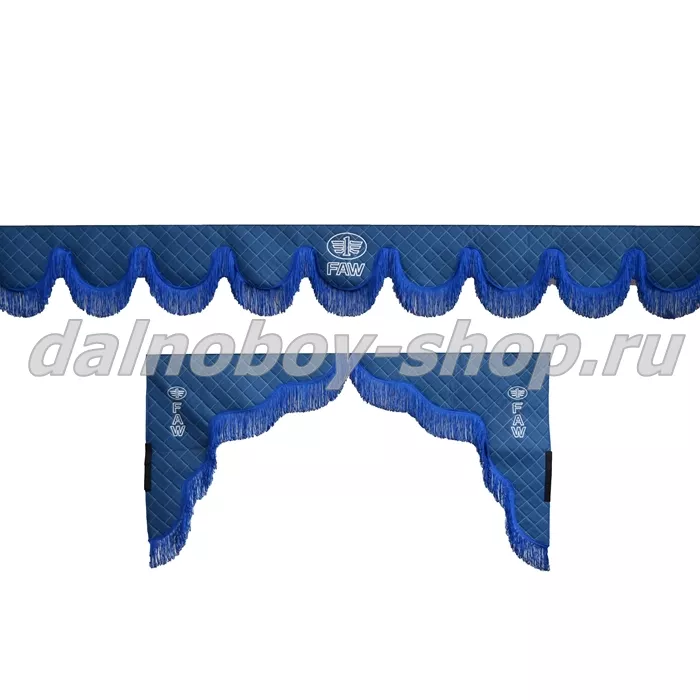 Ламбрекен лоб.+ шторка боковая ЕВРО кожзам 2.2м FAW синий + синяя бахрома