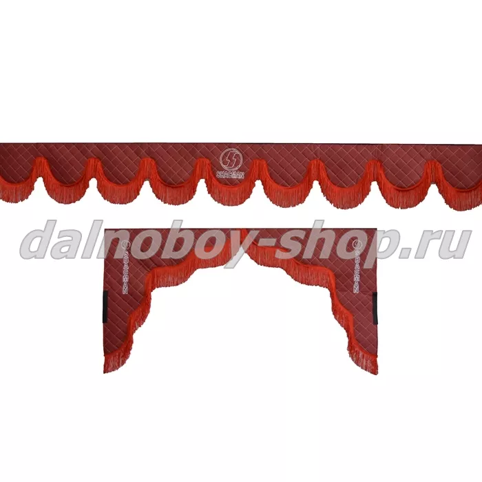 Ламбрекен лоб.+ шторка боковая ЕВРО кожзам 2.2м SHACMAN красный + красная бахрома