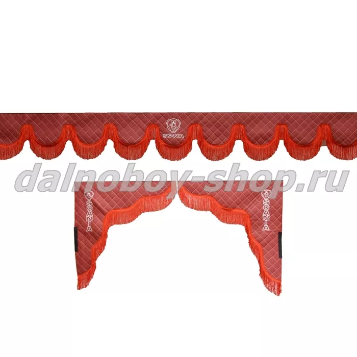 Ламбрекен лоб.+ шторка боковая ЕВРО кожзам 2.2м SCANIA красный + красная бахрома