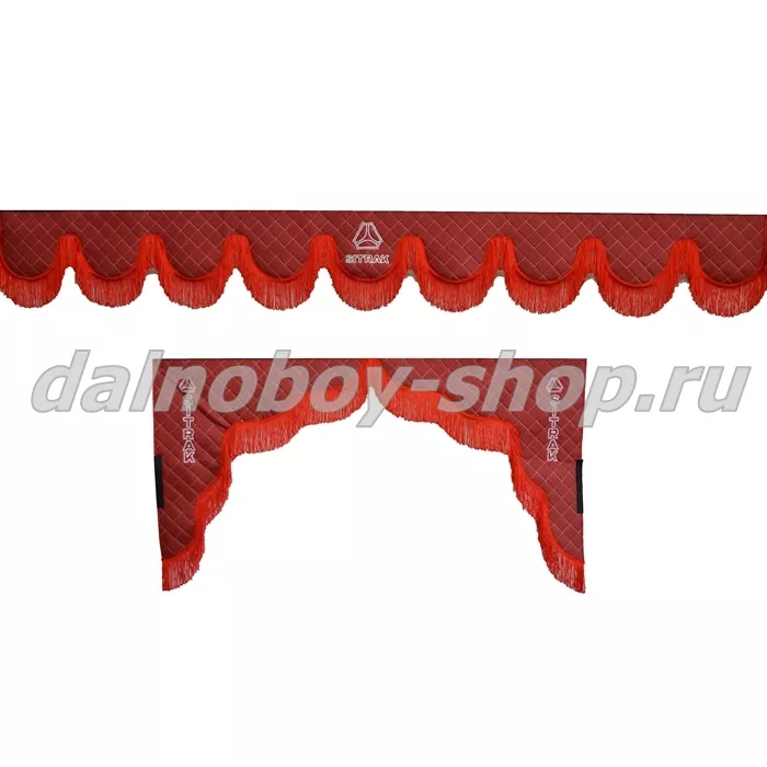 Ламбрекен лоб.+ шторка боковая ЕВРО кожзам 2.2м SITRAK красный + красная бахрома