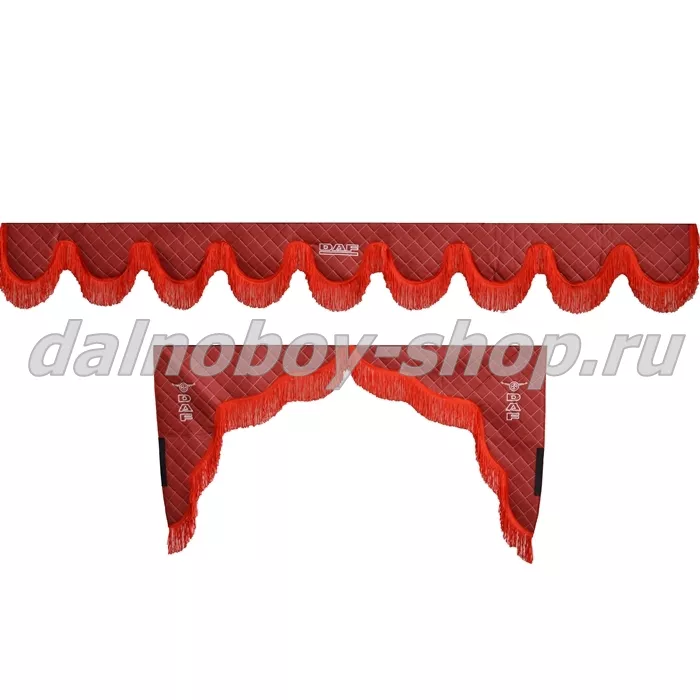 Ламбрекен лоб.+ шторка боковая ЕВРО кожзам 2.2м DAF красный + красная бахрома