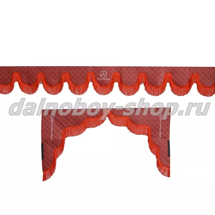Ламбрекен лоб.+ шторка боковая ЕВРО кожзам 2.2м MERCEDES красный + красная бахрома