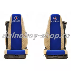 Чехол - сиденье иск.кожа+велюр PREMIUM SCANIA (2004-2014) 5 серия (2 ремня)(2 выс.сид.) беж-синий