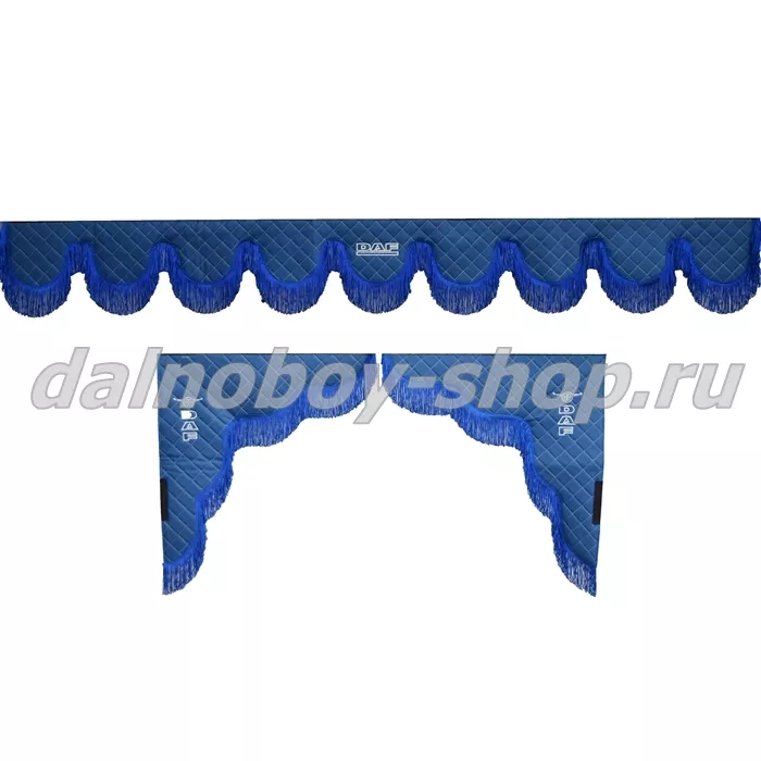 Ламбрекен лоб.+ шторка боковая ЕВРО кожзам 2.2м DAF синий + синяя бахрома