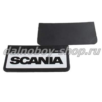 Брызговики передние резина (светоотражающие) 520*250 SCANIA (белый+черная надпись)